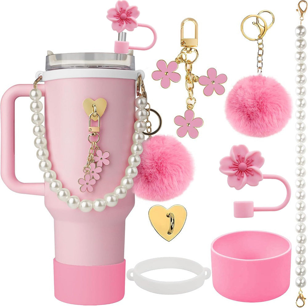 Wholesale Flower straw cap silicone insulated water cup holder pearl hand rope wool ball pendant set